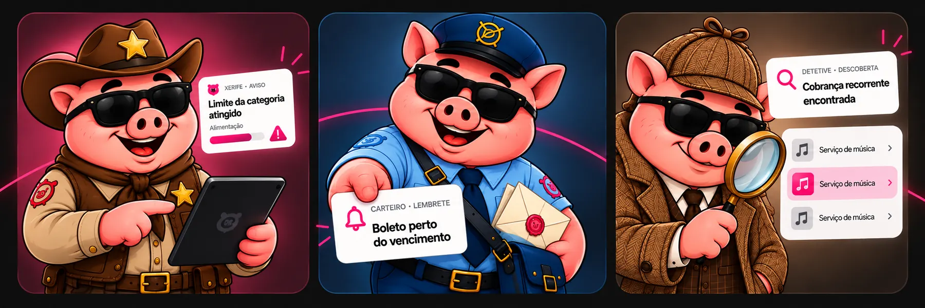 Xerife confere gastos no tablet, Carteiro entrega um lembrete de boleto e Detetive examina uma assinatura recorrente